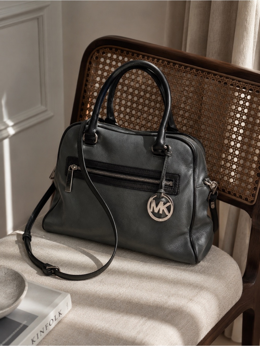 Michael Kors Gray Leather Satchel Bag With MK Charm that Nearly Ended Me …